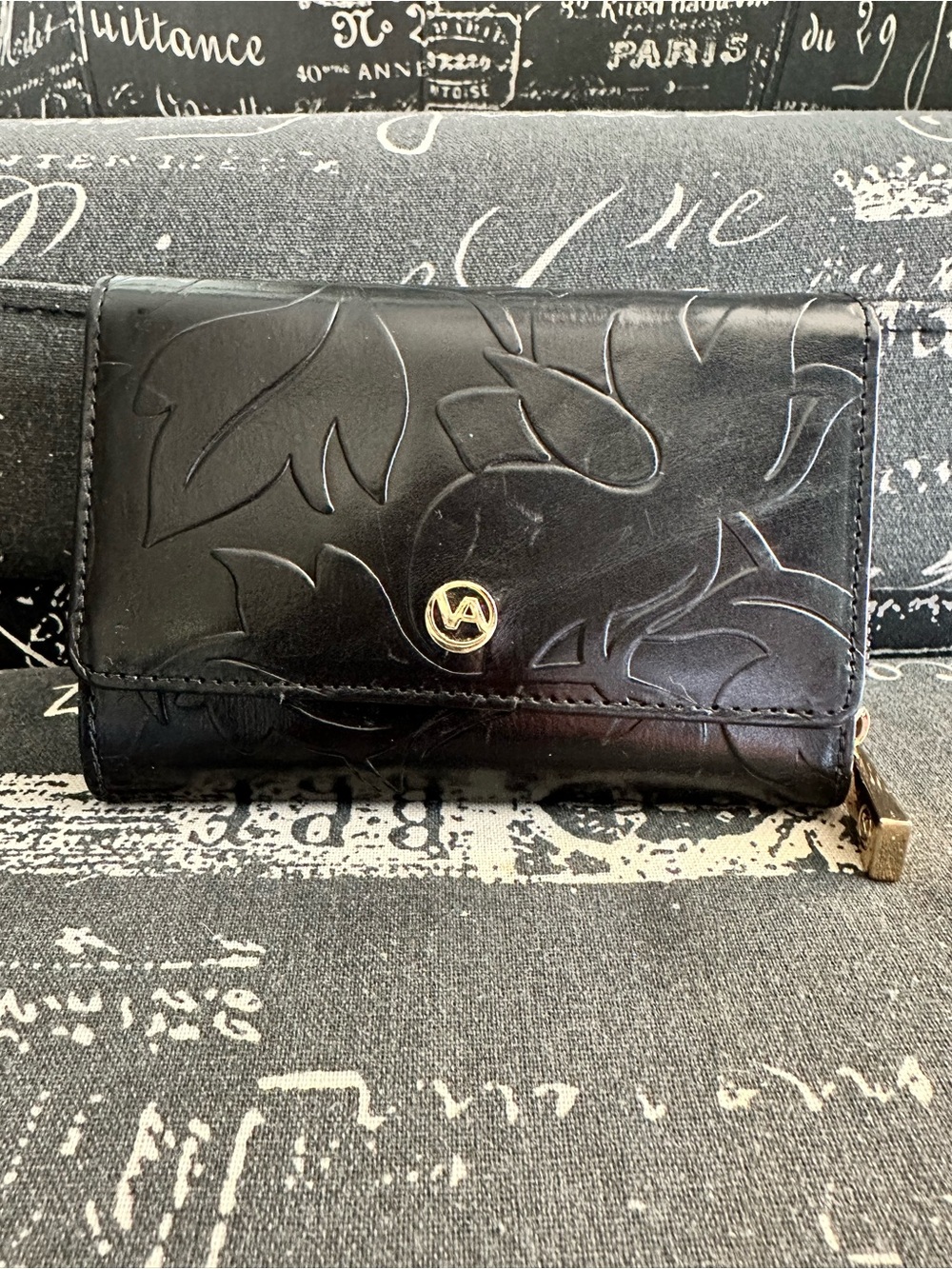 Valentino Garavani Black Floral Embossed Leather Wallet with Gold Logo